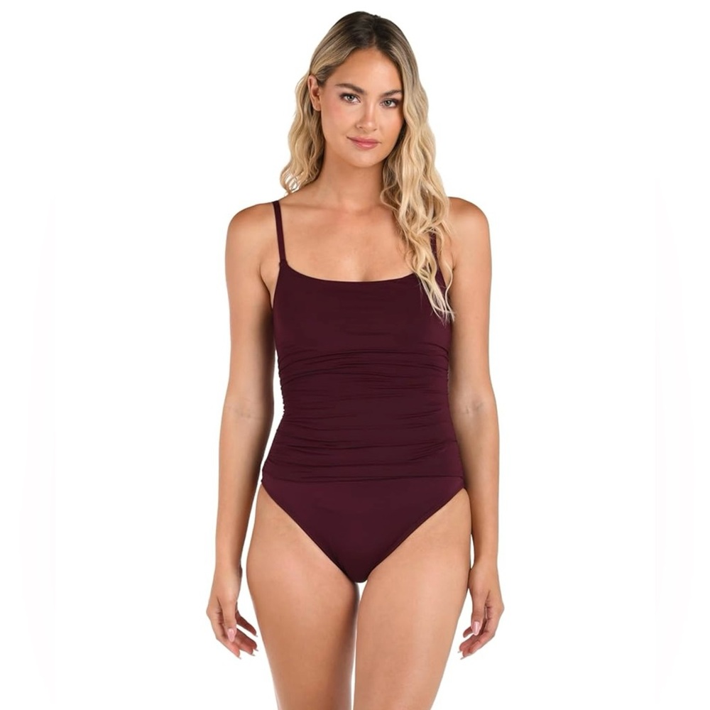 La Blanca Women's One Piece Swimsuit Island Goddess Dark Cherry 8 Shirred Side